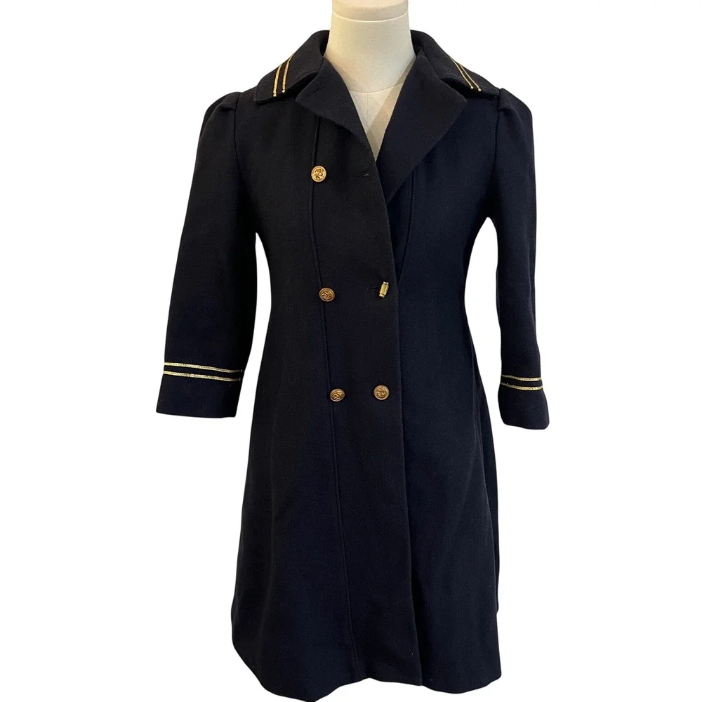 Vintage Freeway Fashions Navy Wool Double Breasted Military Pea Coat Girls 7